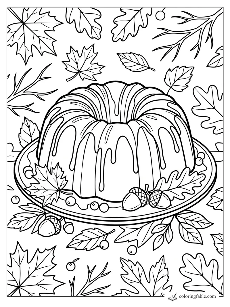 Bundt cake with dripping glaze on a platter, surrounded by maple leaves, oak leaves, berries, and acorns.