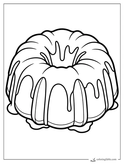 Easy coloring page of a round Bundt cake with thick icing drips and a center hole