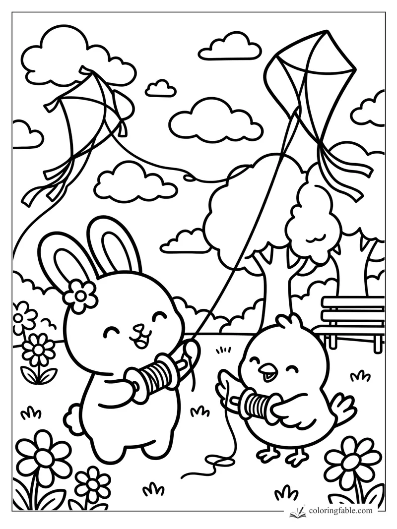 Smiling bunny and chick flying two kites among clouds, flowers, trees, and a park bench.