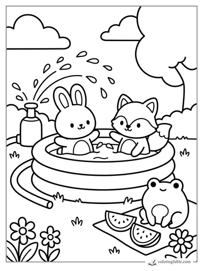 Bunny and fox splash in a kiddie pool with a sprinkler, hose, frog, watermelon slices, flowers, and clouds.