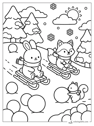 Bunny and fox sledding between snowy pines as a scarfed squirrel rolls a snowball