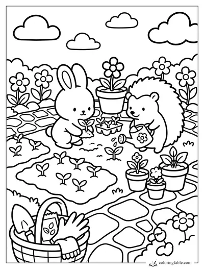 Bunny and hedgehog watering seedlings among flowerpots, garden paths, clouds, and a basket of tools.