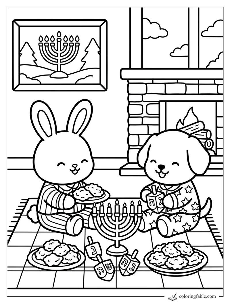 Bunny and puppy celebrate Hanukkah with a menorah, dreidels, latkes, and a cozy fireplace.