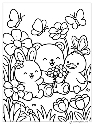 Cute bunny, bear, and duck sitting among big flowers with butterflies overhead