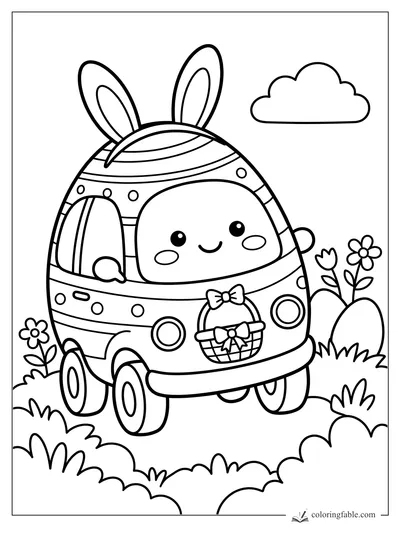 Kawaii car with bunny ears, an Easter basket, egg, flowers, grass, and a cloud
