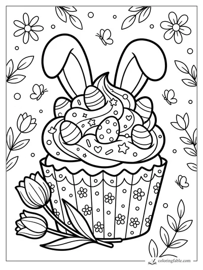 Cartoon cupcake with bunny ears, eggs, stars, flowers, butterflies, and tulips for easy coloring.