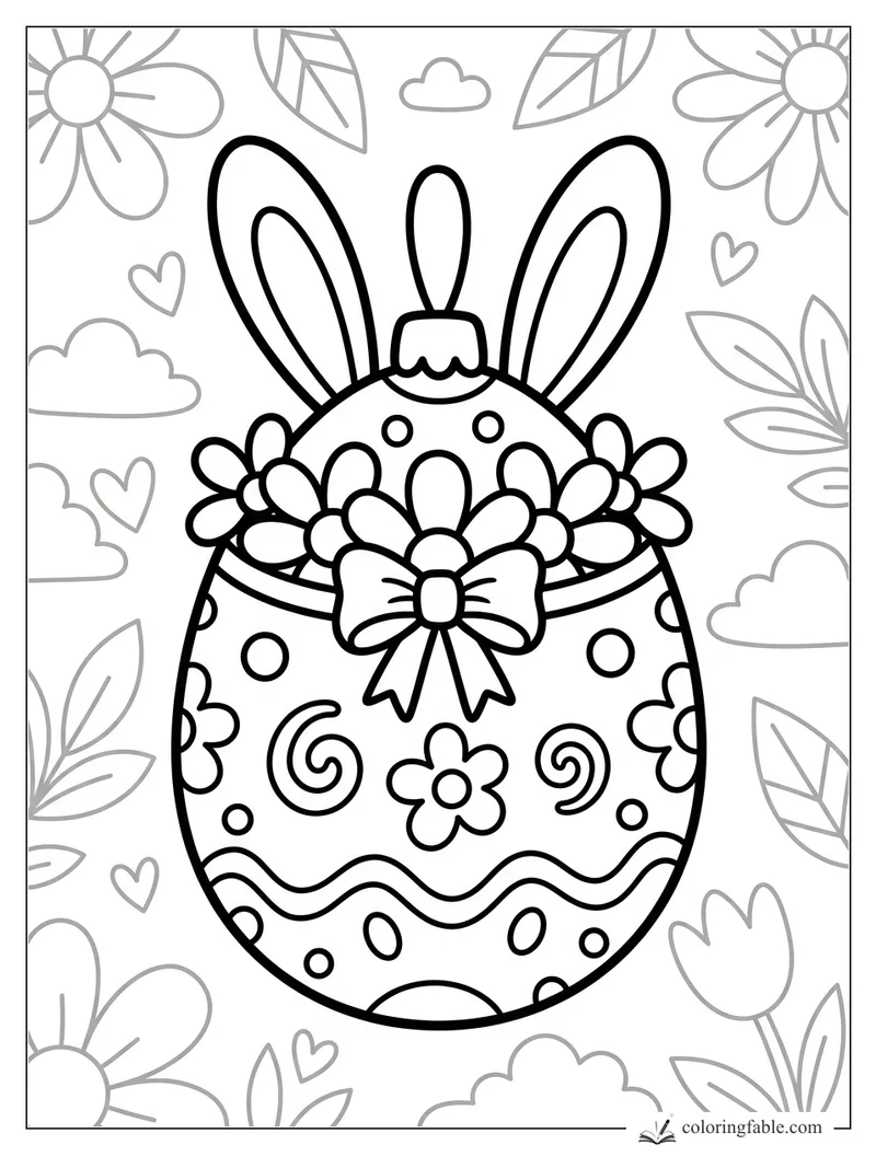 Easy coloring page of a bunny-eared egg ornament with flowers, bow, dots, swirls, leaves, and hearts.