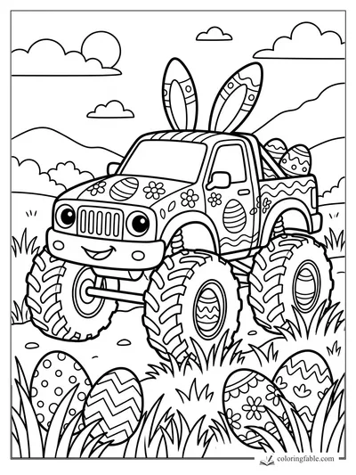 Kawaii monster truck with bunny ears, Easter eggs, flower decals, big tires, hills, grass, and clouds.