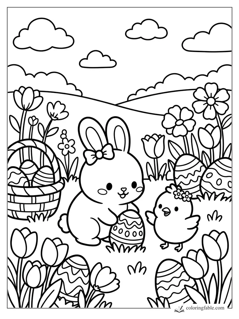 Cute bunny with bow painting an Easter egg beside a chick, flowers, basket, clouds, and rolling hills