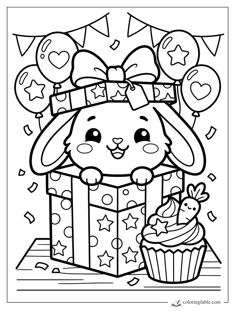 Kawaii bunny in a polka-dot gift box with balloons, bunting, confetti, bow, and cupcake.