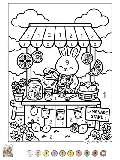 Bunny Pouring Lemonade at a Flower-Framed Stand — color by number