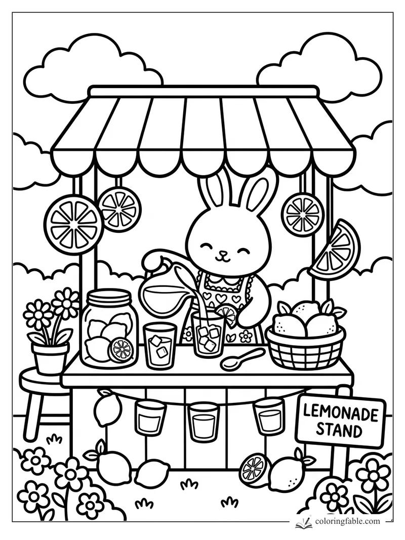 Smiling bunny pours lemonade at a striped stand with lemons, flowers, glasses, and citrus slice garlands.
