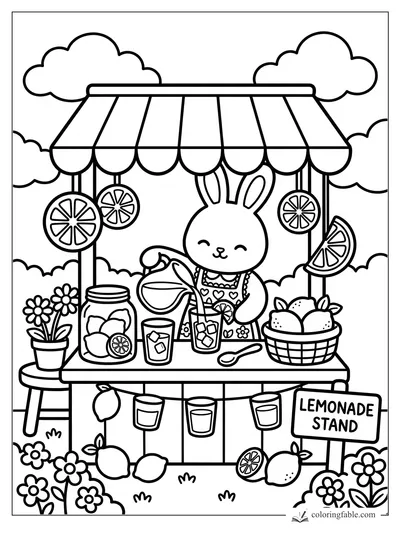 Smiling bunny pours lemonade at a striped stand with lemons, flowers, glasses, and citrus slice garlands.