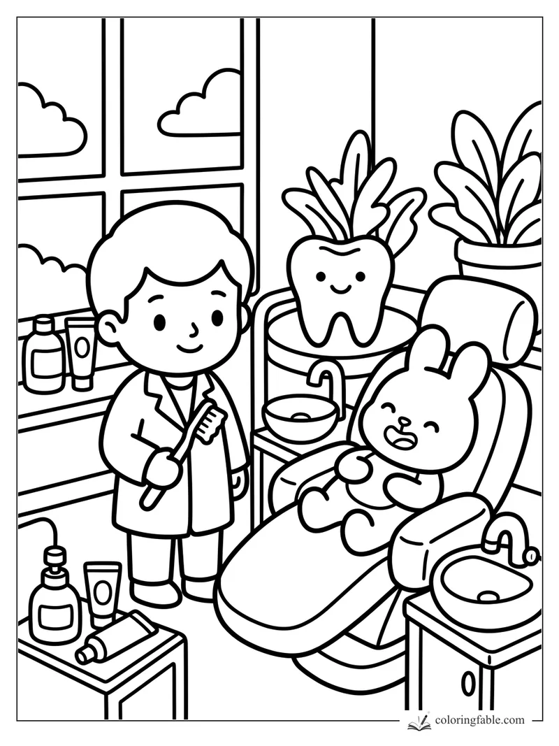 Child dentist holding a toothbrush beside a smiling bunny in a dental chair with a tooth-shaped plant.