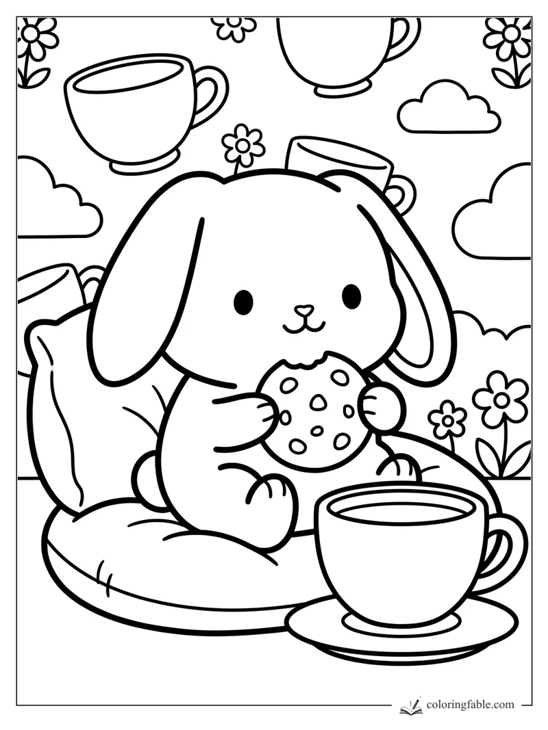 Cozy bunny on a cushion nibbling a spotted cookie beside a big teacup, with flowers, clouds, and cups.