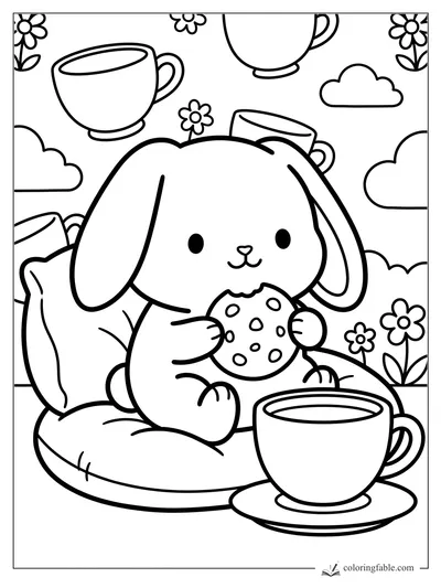Cozy bunny on a cushion nibbling a spotted cookie beside a big teacup, with flowers, clouds, and cups.