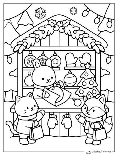 Cozy winter market stall with bunny vendor, cat and fox shoppers, ornaments, mittens, lights and snowflakes