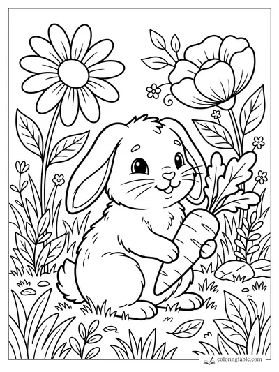 Cute bunny holding a carrot among tall daisies, poppies, leaves, grass, and tiny garden flowers.