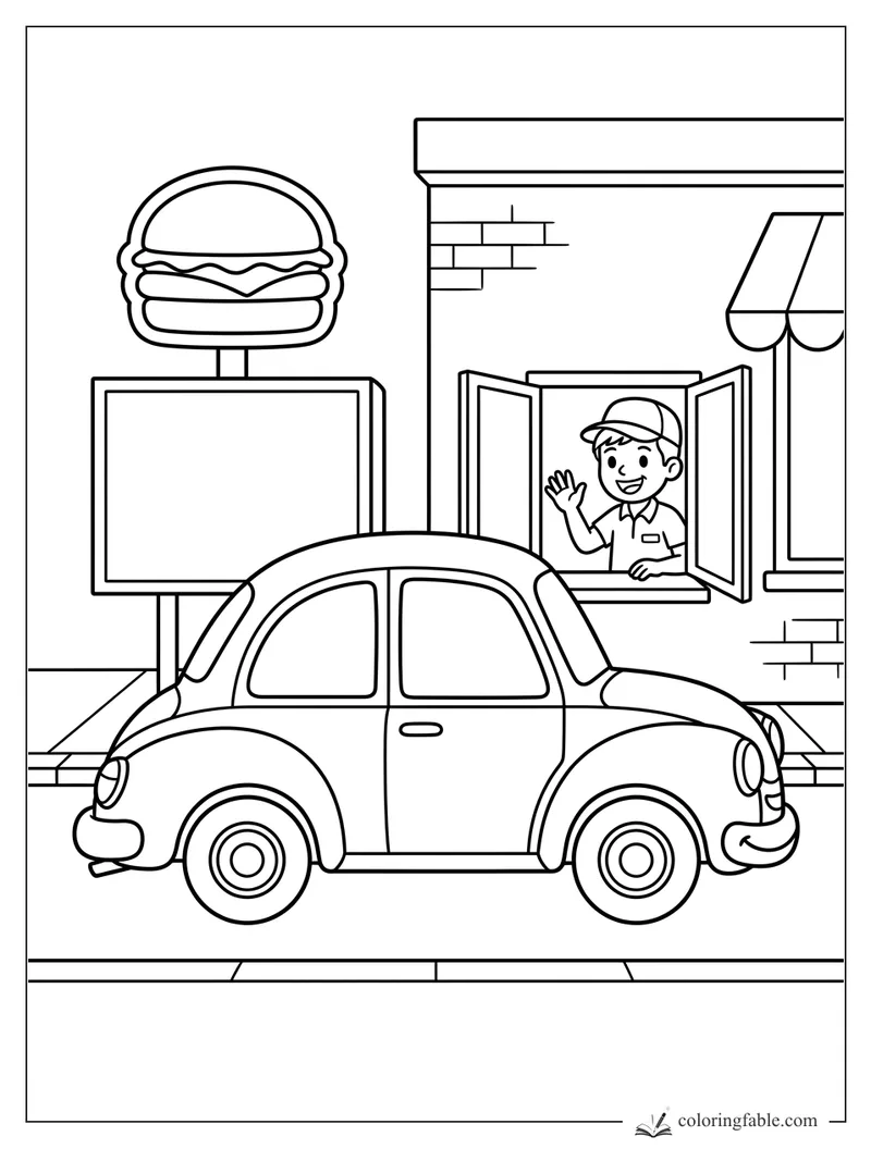 Cartoon car outside a burger shop with a waving server in the window and a big burger sign.