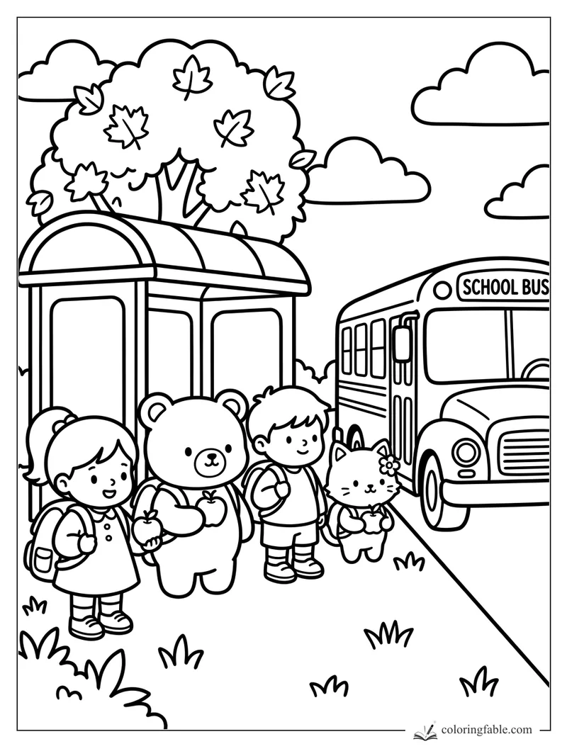 Kids, a teddy bear, and a flower-wearing cat wait by a school bus under an autumn tree.
