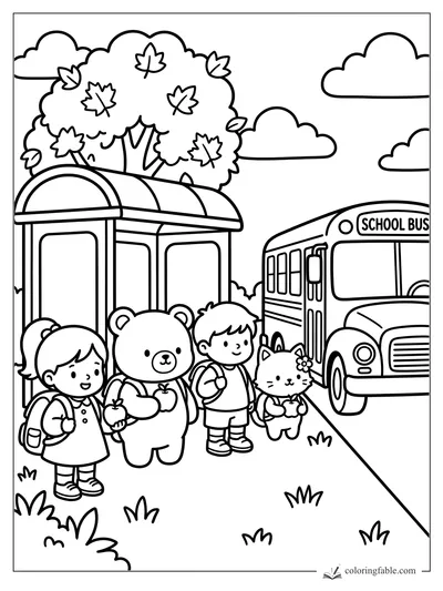 Kids, a teddy bear, and a flower-wearing cat wait by a school bus under an autumn tree.