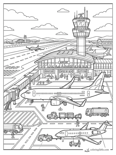 Detailed airport coloring page with control tower, terminal gates, runways, airplanes, trucks, and passengers.