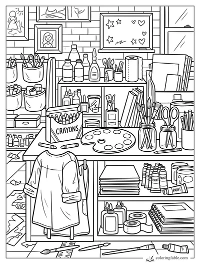 School art room coloring page with crayons, paint tubes, brushes, paper stacks, palette, and smock.
