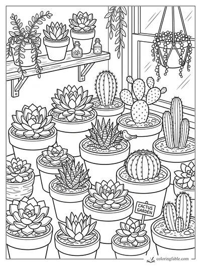 Indoor cactus garden with potted succulents, hanging string-of-pearls plant, shelf, bottles, bird, and sign.