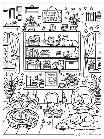 Doodle cat cafe coloring page with cats on shelves, beds, play zone, menu, plants, and cuddle bubble