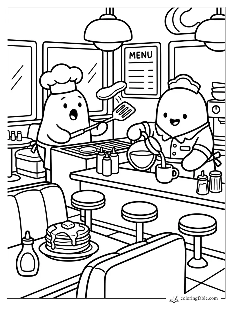 Cozy diner coloring page with two cheerful cooks, pancakes, stools, menu, spatula, and a mug being poured.
