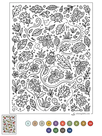 Busy Doodle Bug Trail Through Leaves and Mushrooms — color by number