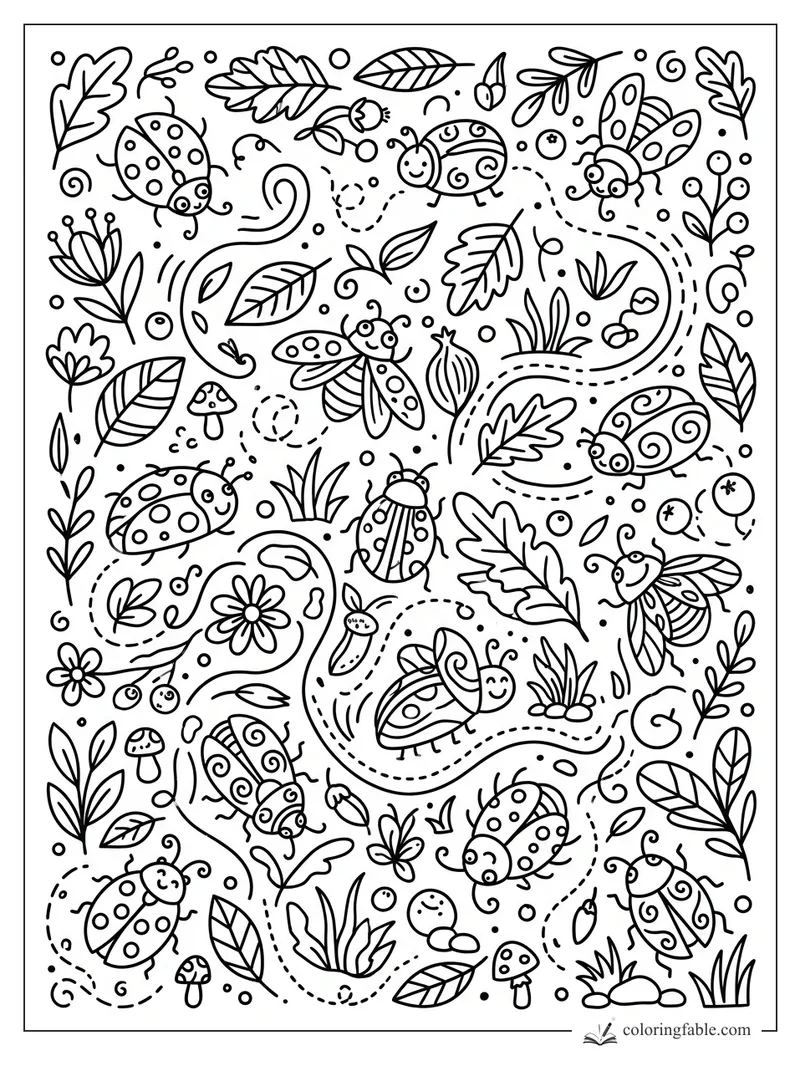 Doodle bugs with dotted flight paths, leaves, flowers, berries, and tiny mushrooms to color.