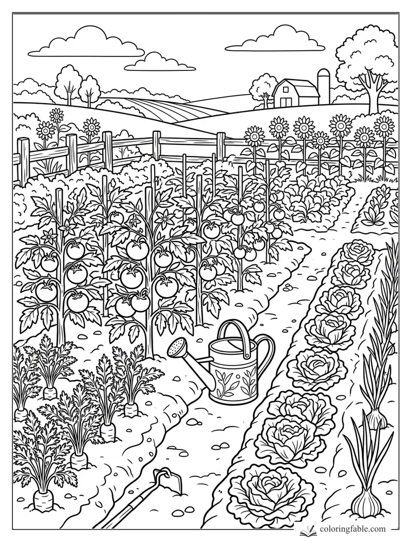 Farm garden coloring page with tomatoes, carrots, cabbages, sunflowers, watering can, barn, and rolling fields.