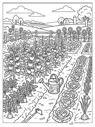 Farm garden coloring page with tomatoes, carrots, cabbages, sunflowers, watering can, barn, and rolling fields.