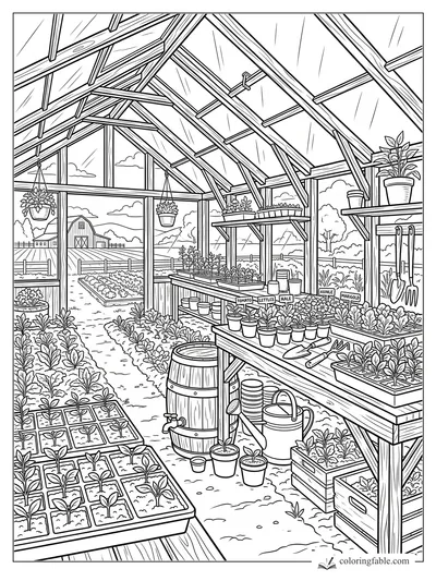 Realistic farm greenhouse with seed trays, hanging baskets, plant labels, tools, water barrel, and barn view