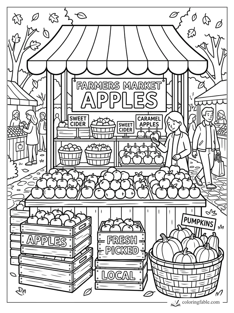 Cartoon farmers market apple stand with cider signs, pumpkins, shoppers, and falling leaves