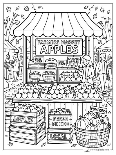 Cartoon farmers market apple stand with cider signs, pumpkins, shoppers, and falling leaves