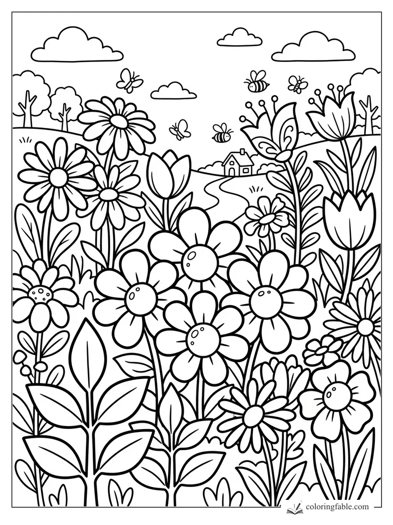 Easy garden coloring page with big flowers, bees, butterflies, clouds, trees, and a tiny house path.