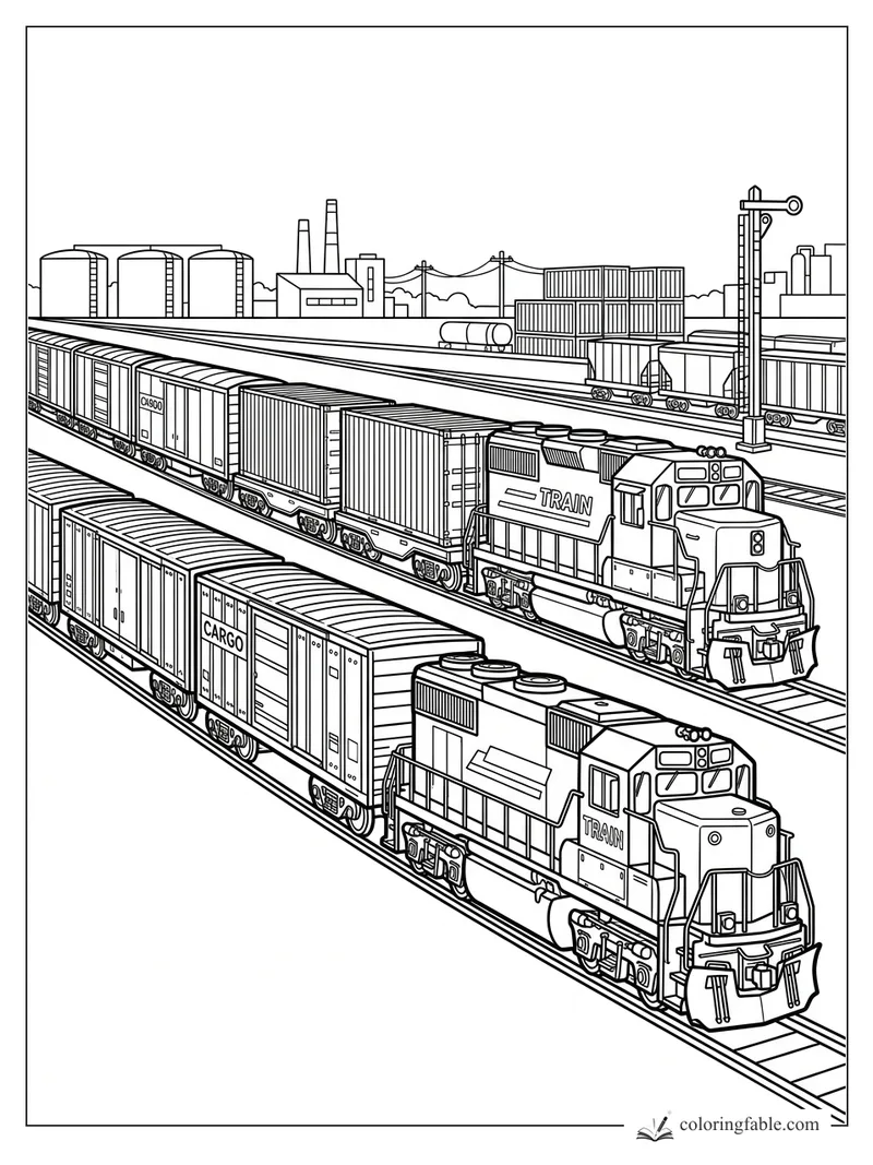 Freight yard coloring page with two diesel locomotives, cargo cars, containers, tanks, and signal tower.