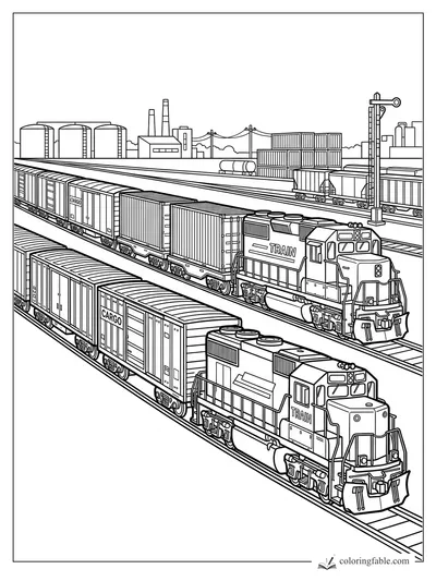 Freight yard coloring page with two diesel locomotives, cargo cars, containers, tanks, and signal tower.