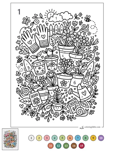 Busy Garden Tools and Seed Packets — color by number