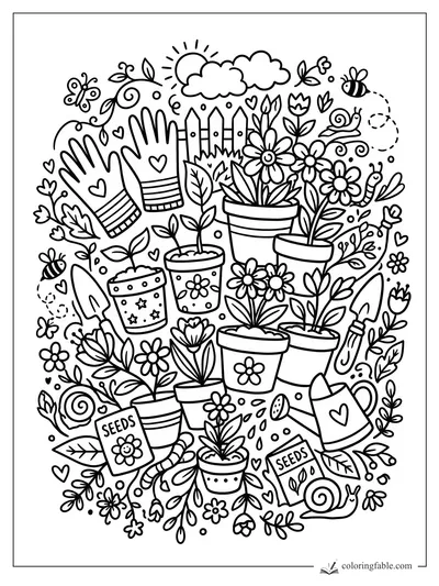 Doodle garden coloring page with gloves, potted flowers, seed packets, bees, snails, and hand tools