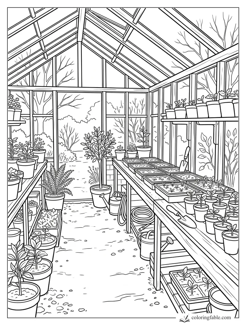 Realistic greenhouse coloring page with seed trays, potted plants, tools, glass roof, and garden path.