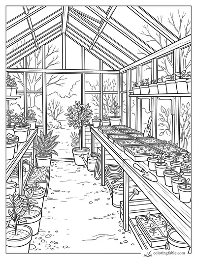 Realistic greenhouse coloring page with seed trays, potted plants, tools, glass roof, and garden path.