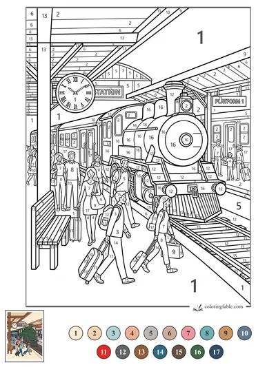 Busy Platform 1 With Steam Train — color by number
