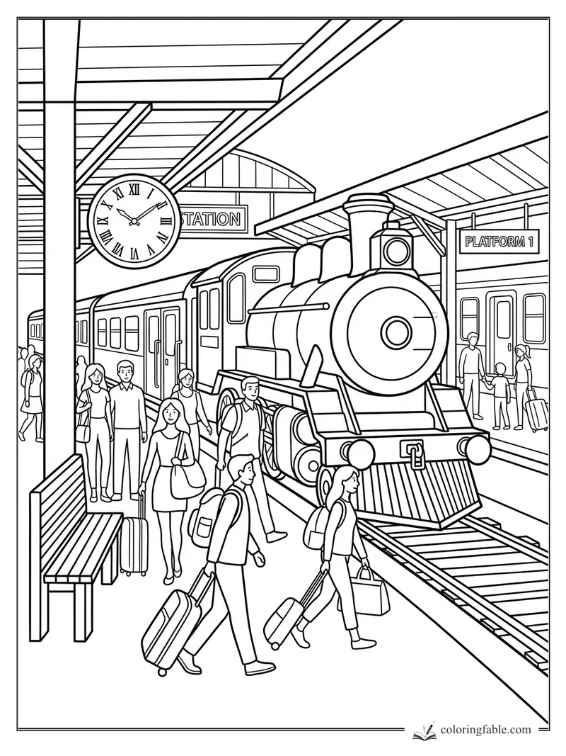 Steam train at Platform 1 with travelers, luggage, station clock, bench, and roof beams