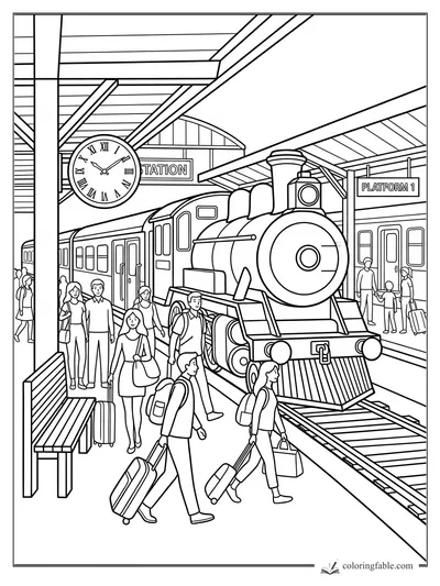 Steam train at Platform 1 with travelers, luggage, station clock, bench, and roof beams