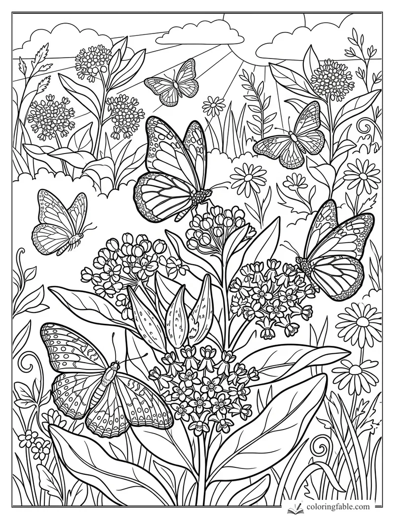 Garden coloring page with butterflies, milkweed blooms, daisies, leafy stems, clouds, and sun rays.