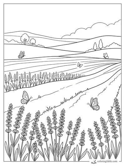 Easy floral landscape coloring page with lavender rows, rolling hills, clouds, trees, and butterflies.