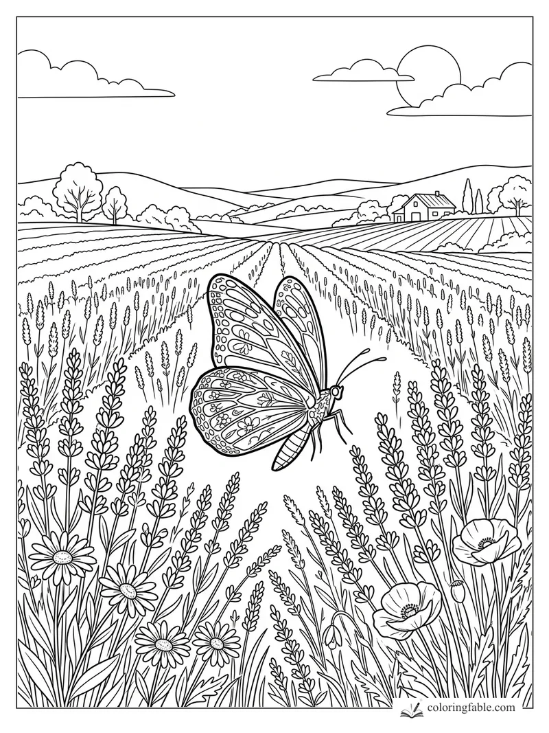 Floral butterfly hovering over lavender rows with daisies, poppies, hills, farmhouse, clouds, and sun.